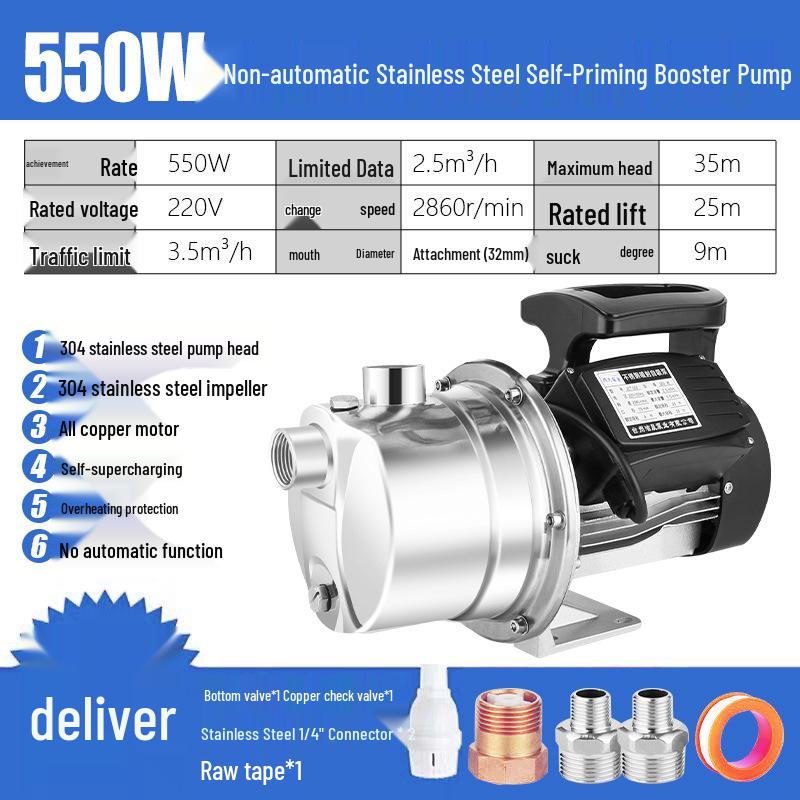 220V Stainless Steel Automatic Self-Priming Jet Pump for Home Well & Tap Water Pressure Boosting