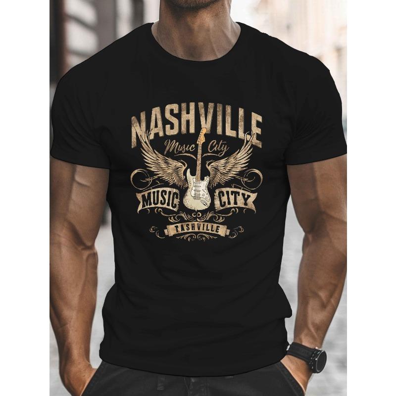 Мужская футболка Nashville Music City с гитарным принтом, европейский размер - Черная с золотой надписью, Повседневная летняя футболка с коротким рукавом и круглым вырезом