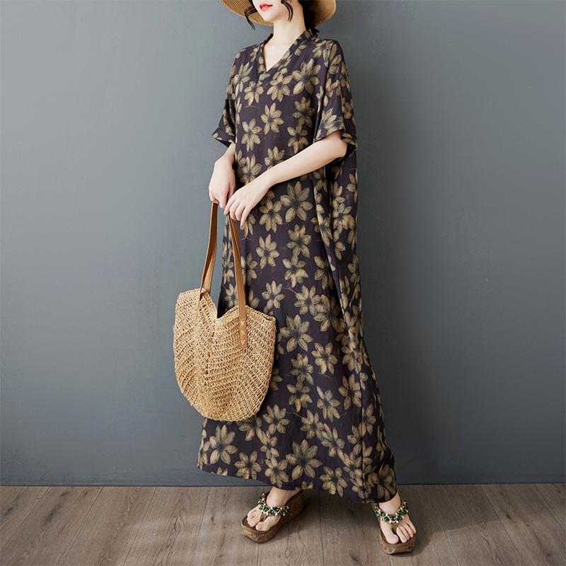 DIMANAF 2025 Летнее Женское Платье Большого Размера Свободного Кроя Новое Базовое Цветочное Винтажное Принтованное Длинное Платье Повседневное Платье Макси
