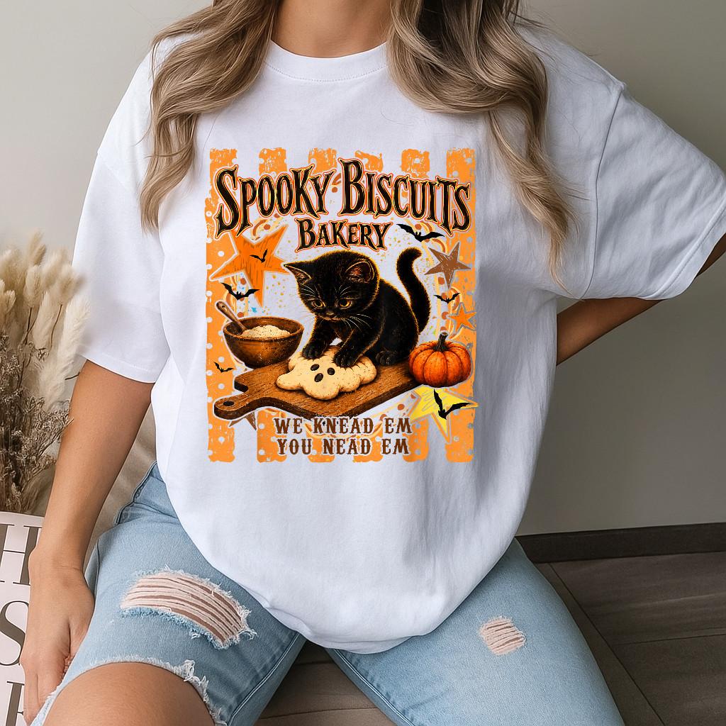 Spooky Biscuits Bakery Black Cat Jack O Lantern Halloween T-Shirt