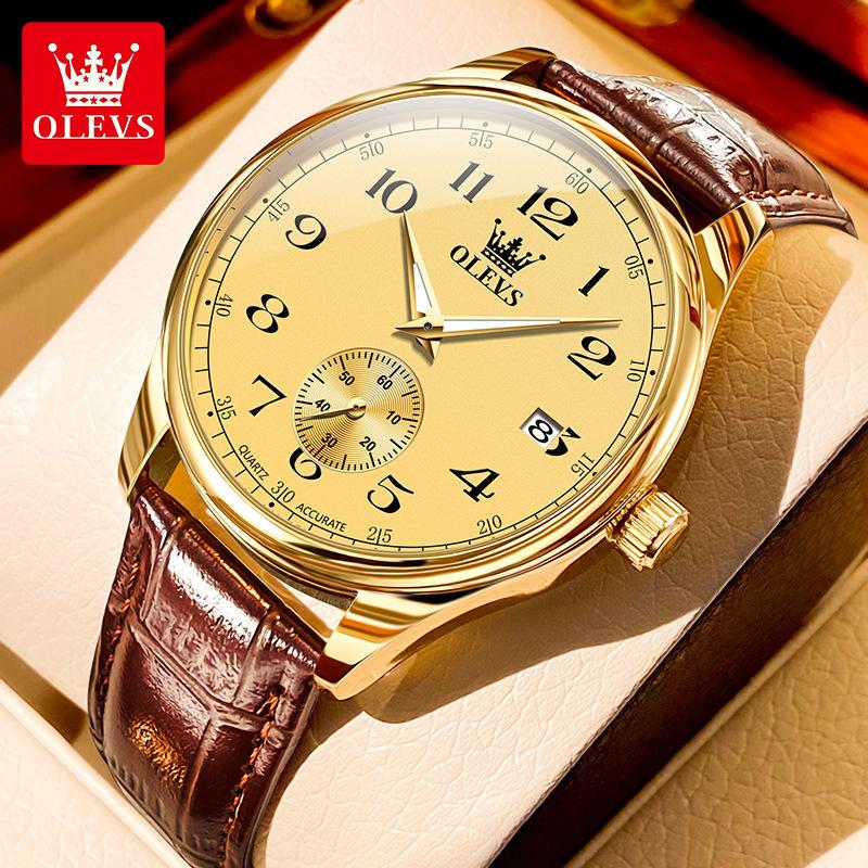 OLEVS Мужские часы кварцевые часы для мужчин кожаный ремешок роскошные деловые наручные часы дата водонепроницаемые арабские цифры маркеры