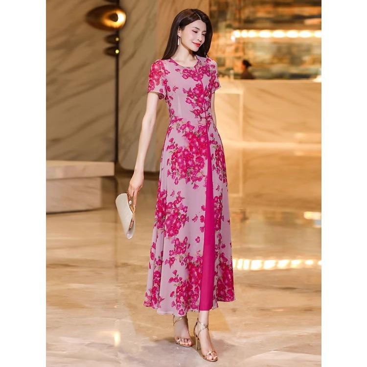 Модное женское летнее платье, цветочное шифоновое длинное платье, стройнящий и изящный стиль