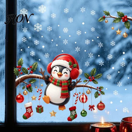 Reusable Christmas Wall Decals Static Window Cling, Penguin Decal with Holly Baubles Snowflakes, Non Adhesive Film Festive Decor for Home Living Room