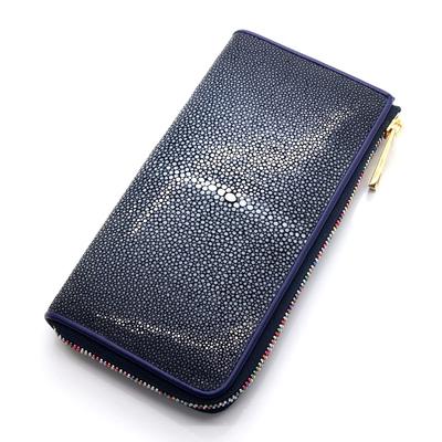 Длинный кошелек Levetta из кожи ската, молния YKK разных цветов, застежка L-Zip, дизайн из галюша и кожи ската, темно-синий, мужской и женский, натуральная кожа