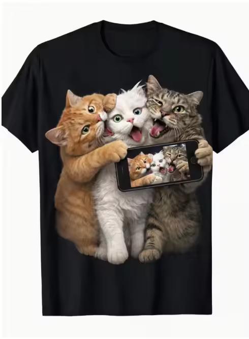Summer and Womens Cute Cat Hug Pattern T-shirt Funny Cat Print Casual Crew Neck Black T-shirt