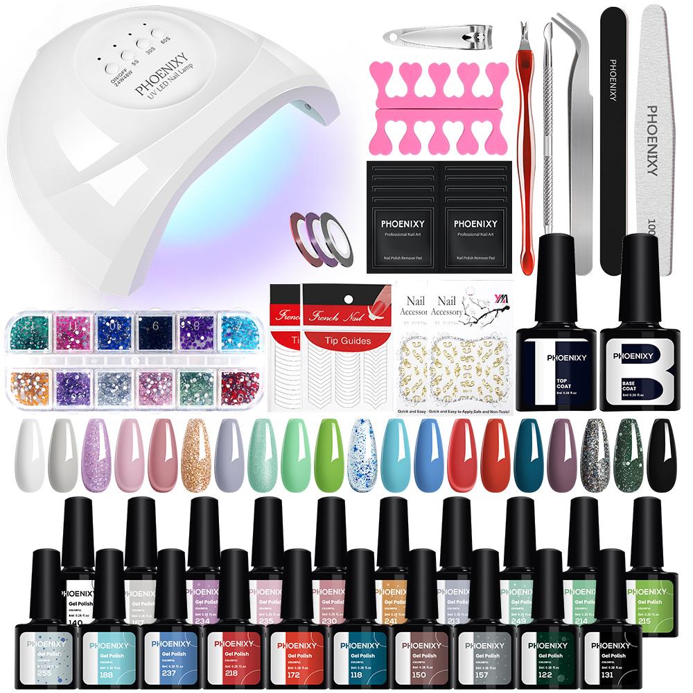 PHOENIXY Полный набор для дизайна ногтей 20 шт. Гель-лак для ногтей с УФ/LED лампой 48 Вт Полуперманентный УФ-гель Лак Дизайн ногтей Набор для маникюра