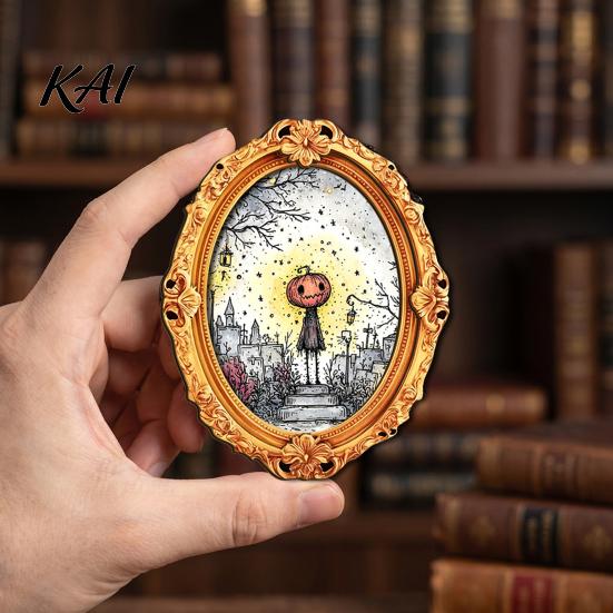Festive Fridge Magnet Halloween Wooden Frame Refrigerator Magnet, Retro Oval Ghost Illustration Pumpkin Magnetic Decoration for Kitchen Easy Install