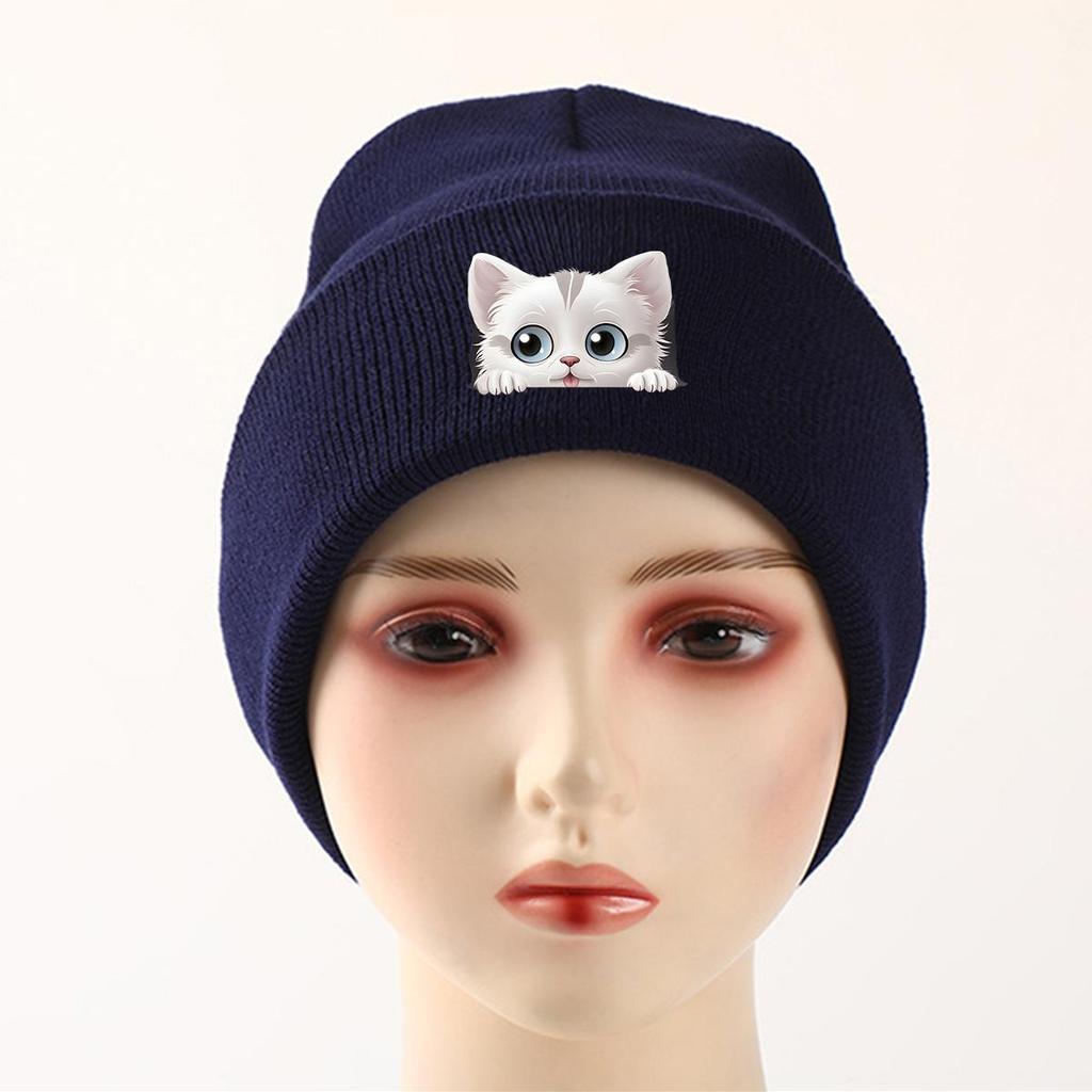 Cute White Cat Winter Knit Hat Beanie, Animal Man Cap Soft Winter Unisex Pompom Beanies Knitted Cap Beanie