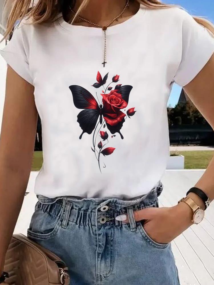 (Азиатский размер)  цветок милый тренд милый Графическая футболка Мода Т Одежда Женский топ Принт Женский Повседневный Футболки с коротким рукавом