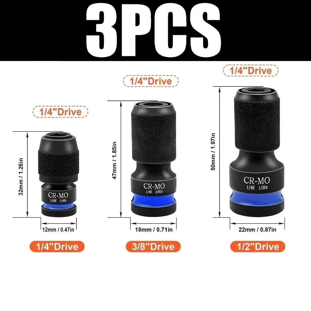 3Pcs 1/2 3/8 1/4-Inch Impact Hex Converter Square Drive To Hex Socket Electric Wrench Repair