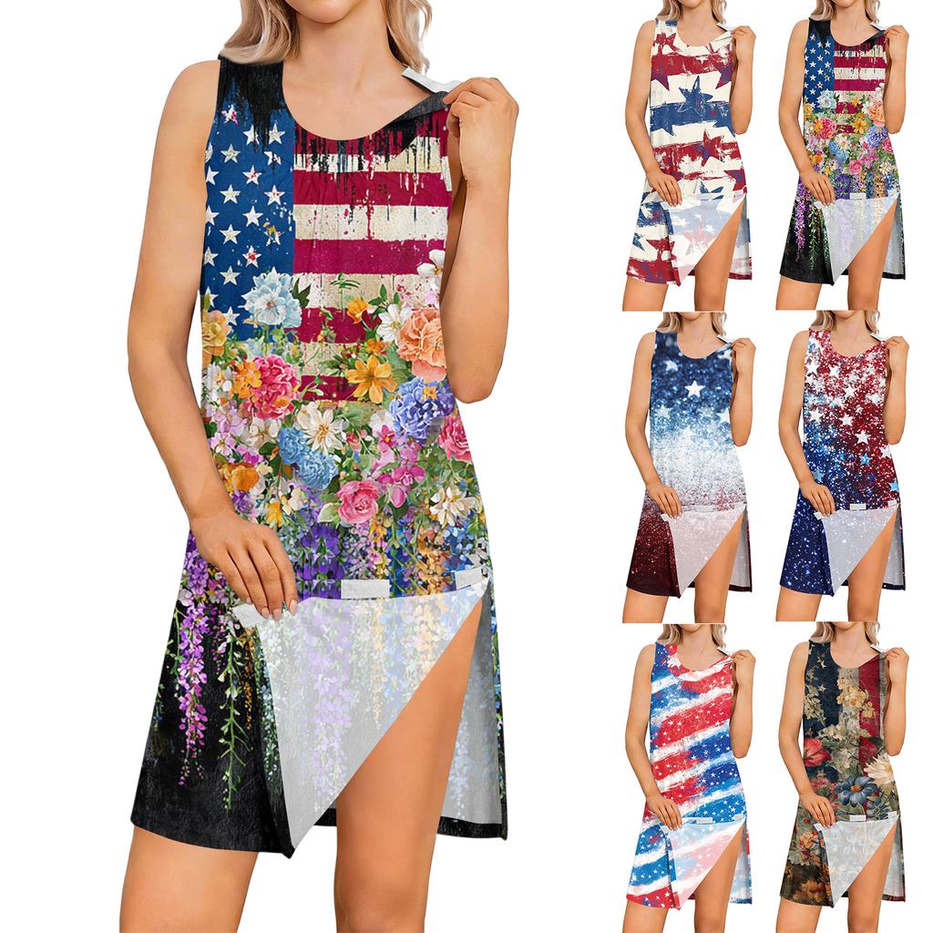 Sleeveless Tearable Post Shoulder Surgery Dress Women Floral American Flag Print Independence Day Casual Summer Dress