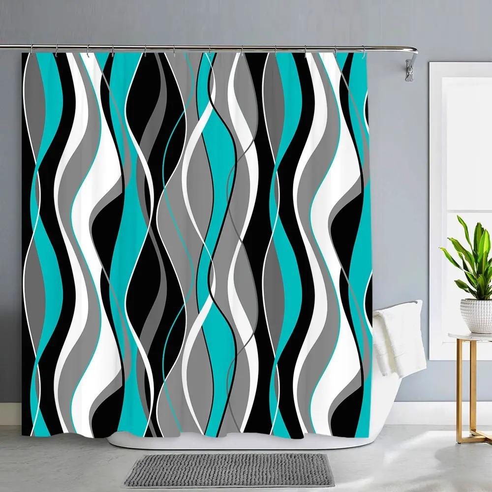 Черно-серая занавеска для душа, серо-белая абстрактная современная ванная комната, вафельная фактурная ткань, занавески для душа с крючками