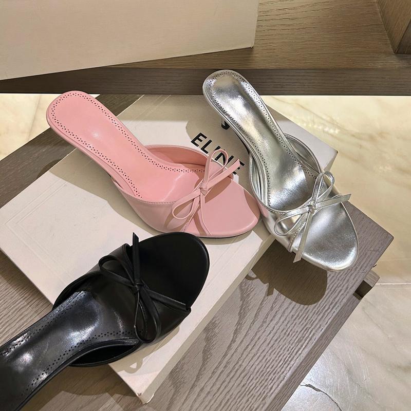 Fashion Stiletto High Heels, Gentle French Pink Bow, One-word Cool Slippers for Women's 2025 Summer New Models