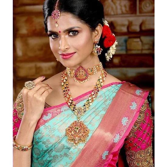 Индийское традиционное мягкое шелковое сари личи с жаккардовым плетением