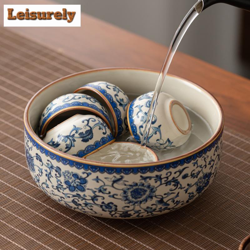 1000ml Blue and White Ru Kiln Porcelain Jianshui Luxury Tea Wash Writing-brush Washer Tea Residue Barrel Chaxi Equipment Craft