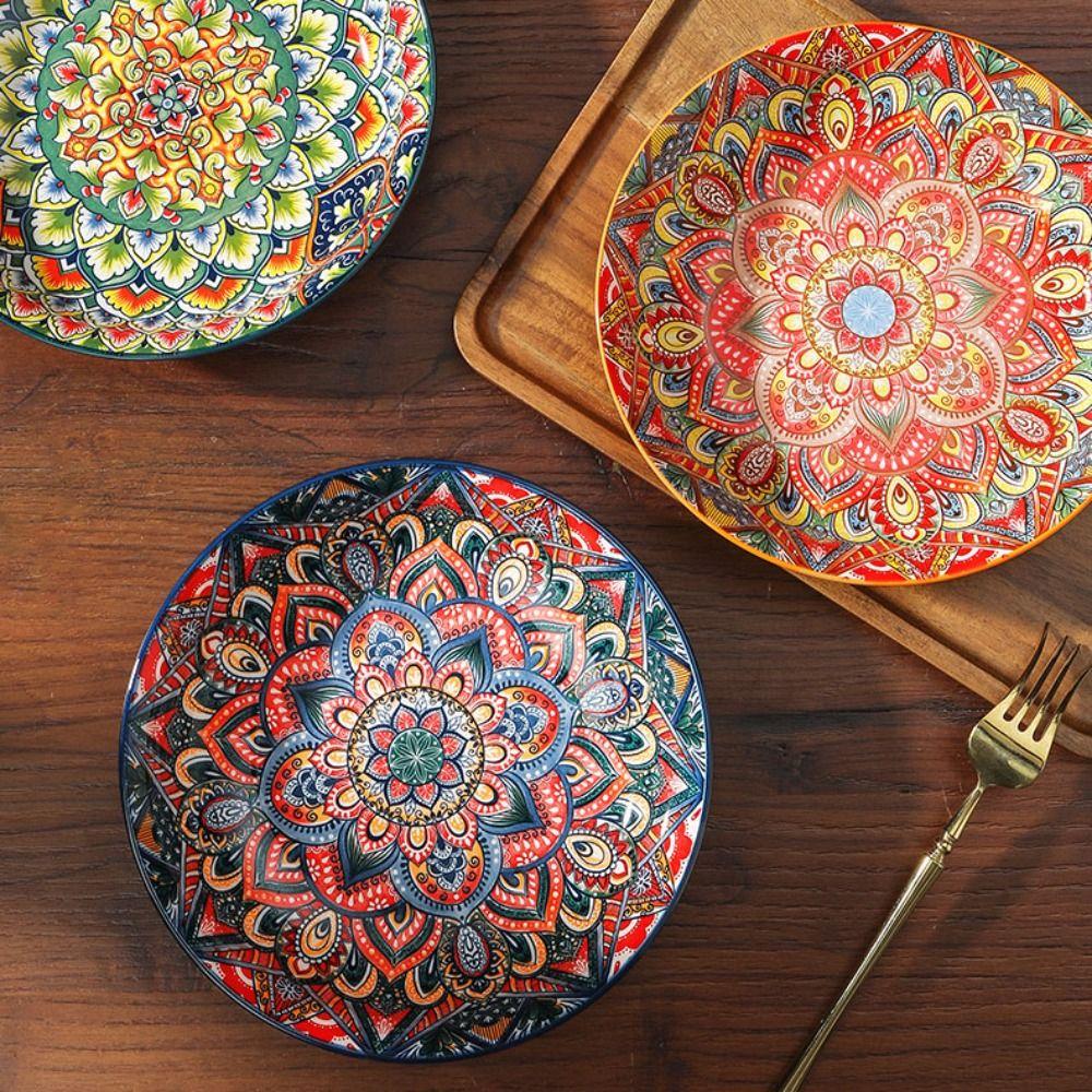 Красочная обеденная тарелка с цветочным узором, блюдо для еды, бытовая богемная керамическая тарелка, подарок на новоселье