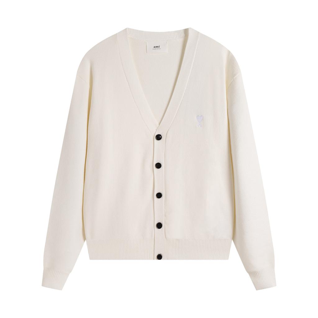 AMI Autumn and Winter New Little White Heart Alpaca Wool Blended Soft and Sticky Knitted Cardigan Round Neck Cloud Sweater Pocket Coat