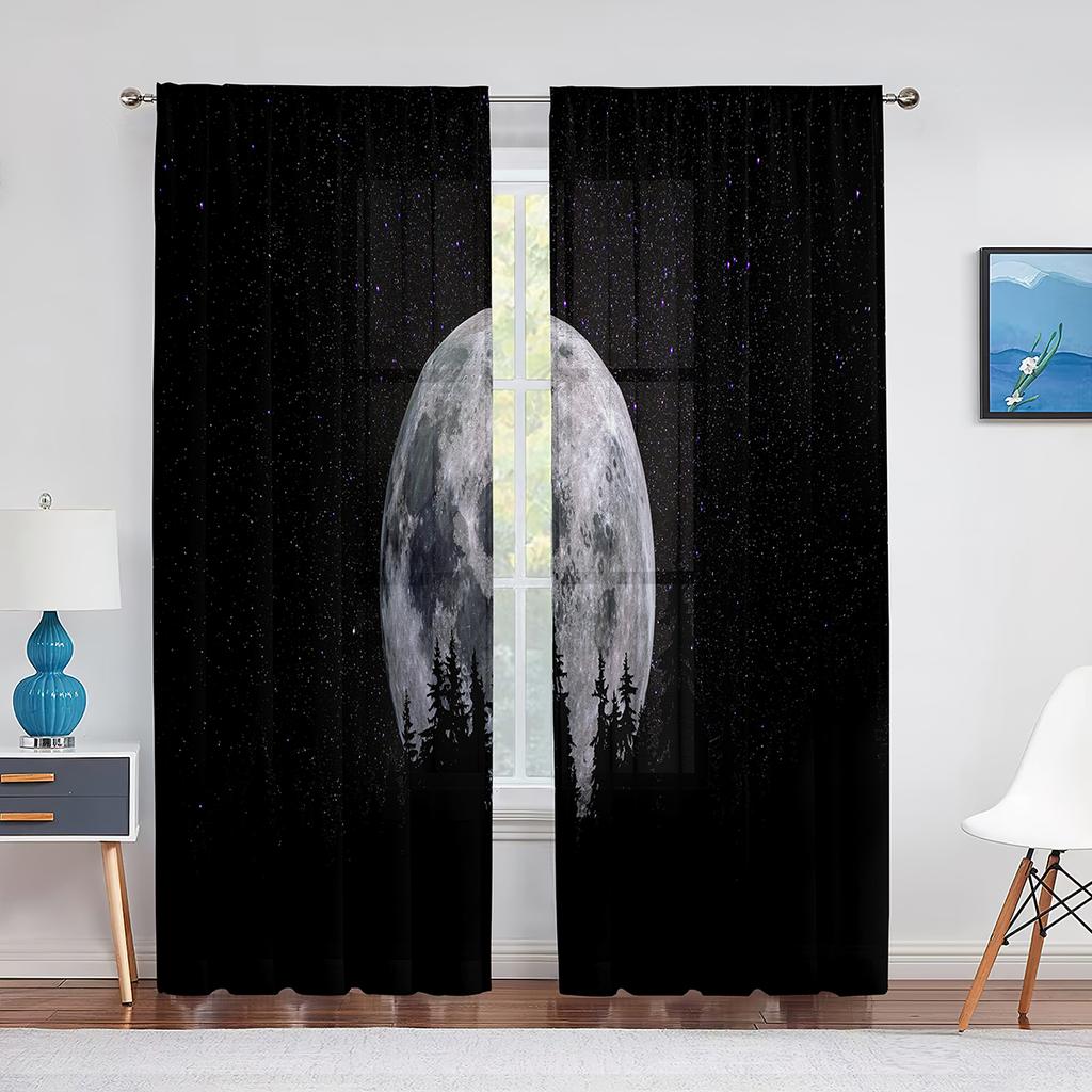 Тюлевые шторы с полной луной, фантазией, звездным небом, ночной сценой, для гостиной, спальни, кухни, декор, прозрачная вуаль, занавески из органзы