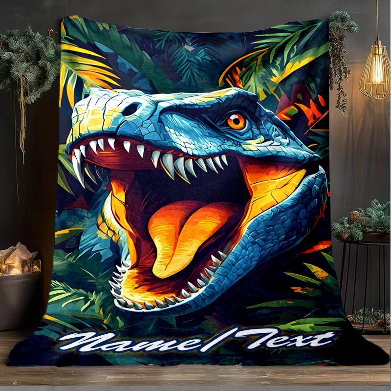 1PC Custom Name Tyrannosaurus Rex Jungle outdooor Flannel blankets Throw Blanket All-Season Throw Gift Bedspread for Couch, Bed, Camping Holiday Birth