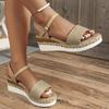 Мода Модные парусиновые босоножки на танкетке для женщин Лето 2024 Повседневные эспадрильи Босоножки на платформе Женские нескользящие гладиаторские туфли на толстой подошве