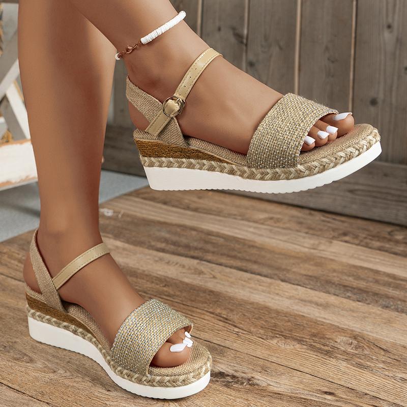 Мода Модные парусиновые босоножки на танкетке для женщин Лето 2024 Повседневные эспадрильи Босоножки на платформе Женские нескользящие гладиаторские туфли на толстой подошве