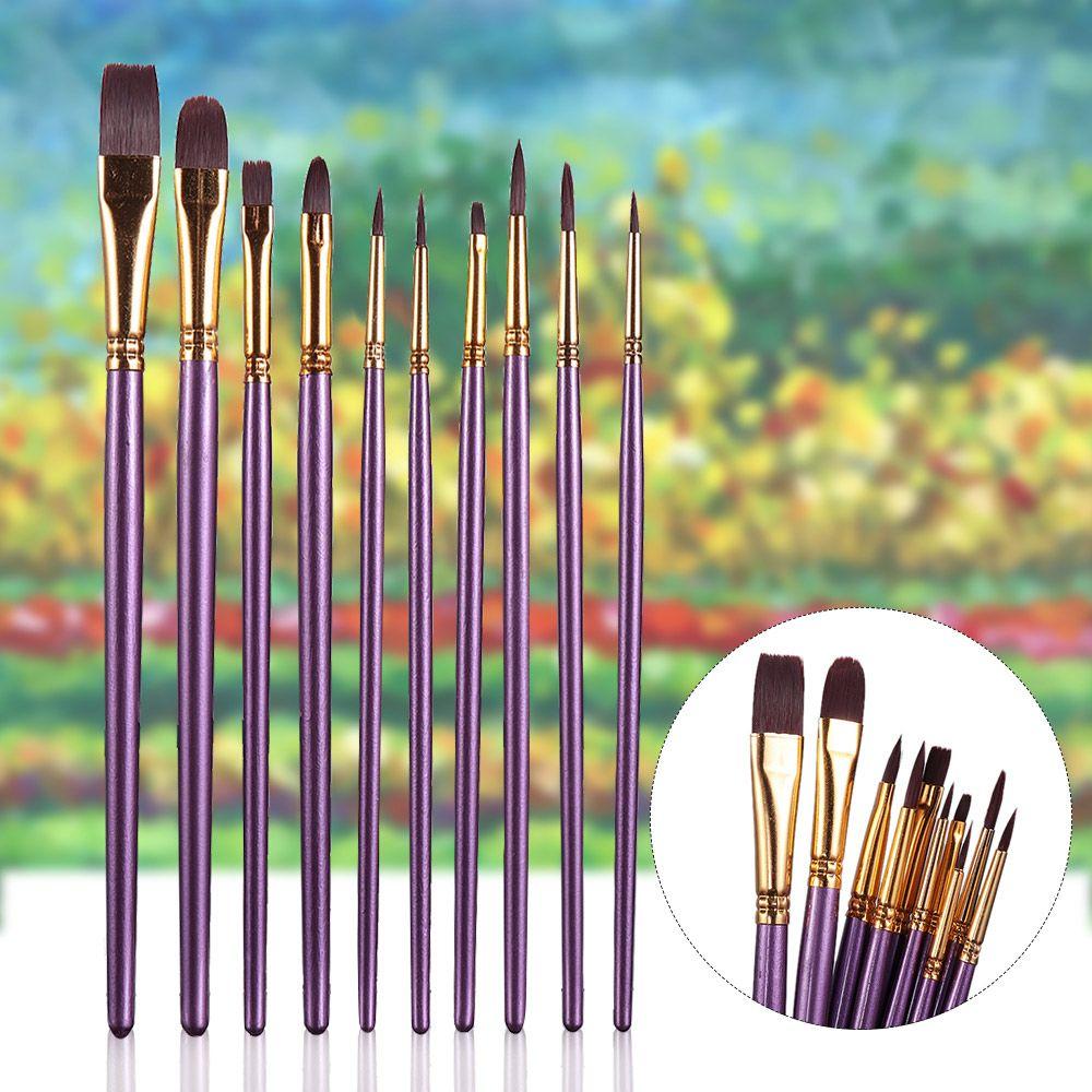 10pcs/set Purple DIY Art Supplies Watercolor Pen Nylon Hair Paintbrush Oil Painting Brush
