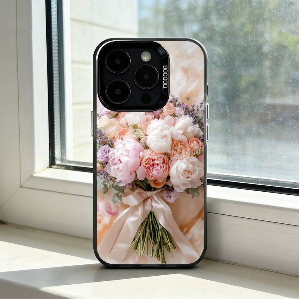 Elegant Peony F-Flower Phone Case For iPhone 17,16,15,14,13,12,11 Plus,Pro Max,XS,Colorful Silver Black Cover