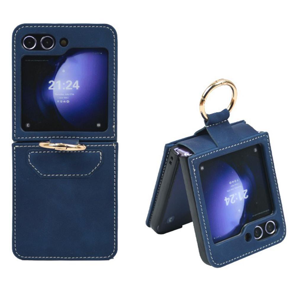 For Samsung Galaxy Z Flip5 5G Case Leather Coated PC Phone Cover with Ring Kickstand