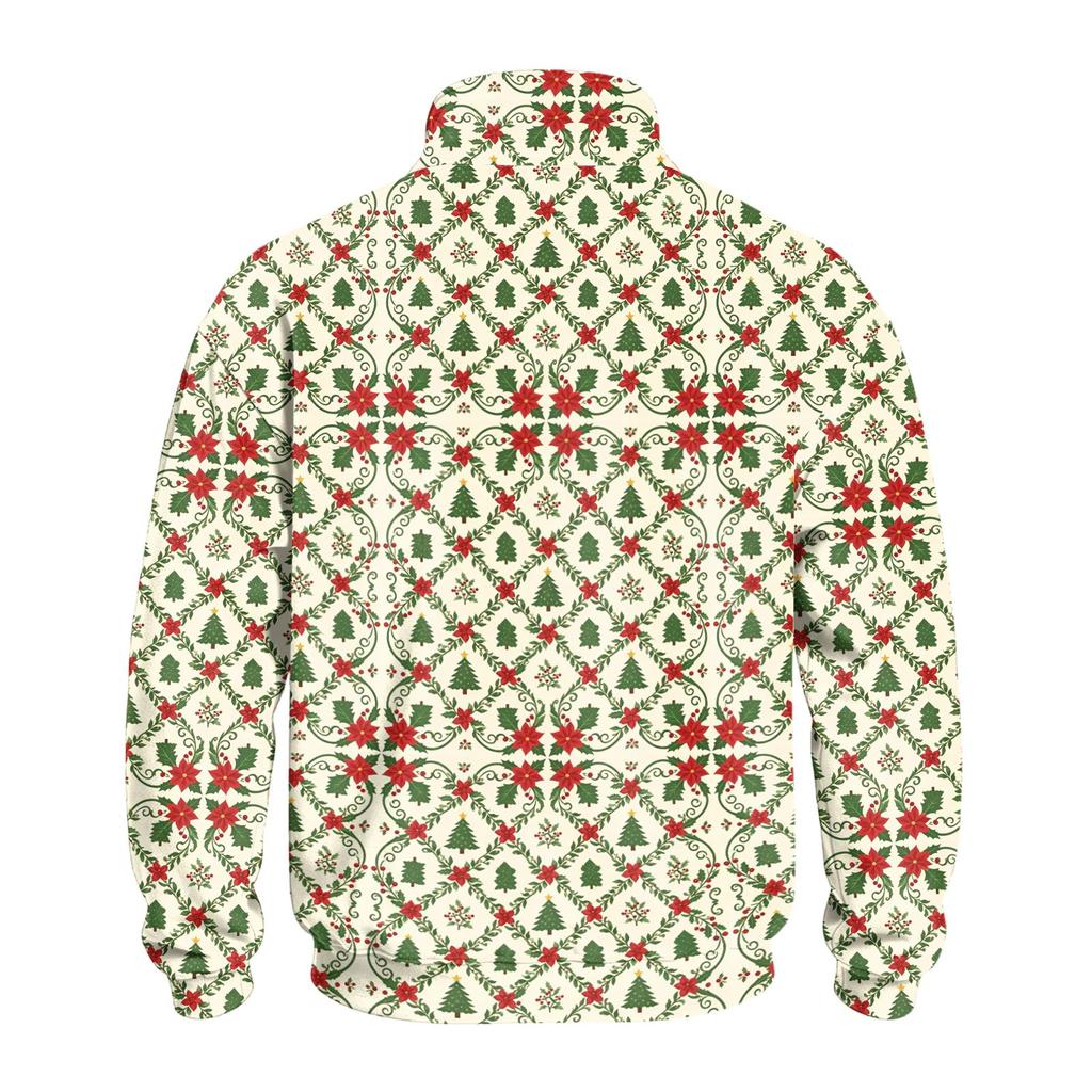 Men's Casual Quarter-Zip Stand Collar Sweatshirt with Christmas Print, Holiday Pullover