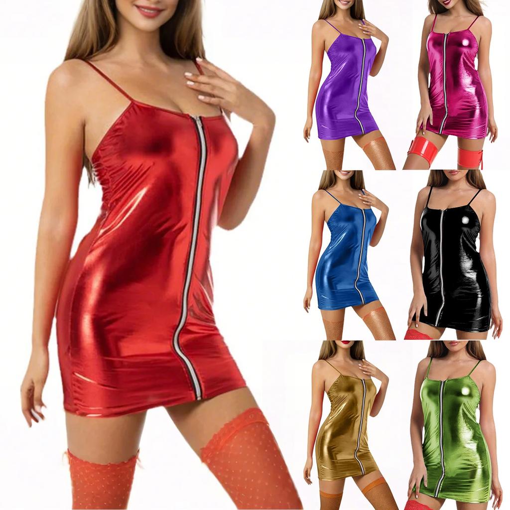 Женское сексуальное кожаное платье с зеркальными подтяжками