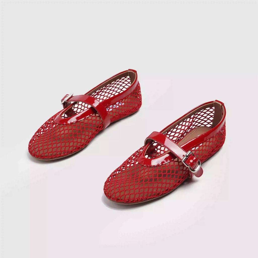 Модная женская обувь 2025 сетка дышащая одинарная обувь круглый носок мелкий вырез плоская подошва балетки летняя дышащая сетка