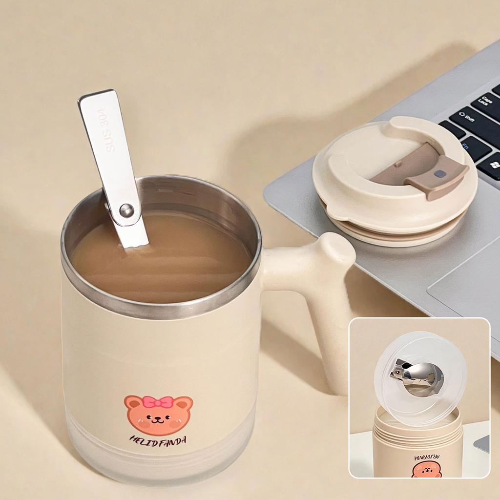 Милая портативная двухслойная термокружка для кофе со складной ложкой, чашка для воды из нержавеющей стали 304, герметичная посуда для напитков