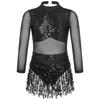 Girls Dance Costume Mesh Long Sleeve Shiny Sequins Hollow Back Patchwork Style Tassel Dress