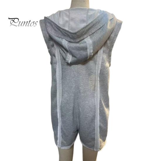 Women's Summer Short Jumpsuits Half Zip-up Sleeveless Hooded Jumpsuit Overalls Athletic One Piece Romper with Pockets