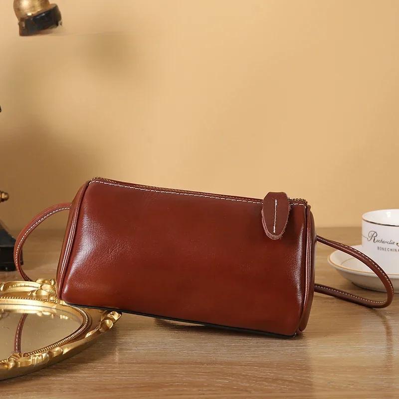 Popular Genuine Cowhide Cylinder Bags Retro Fashion Messenger Bag Women Designer Shoulder Bag