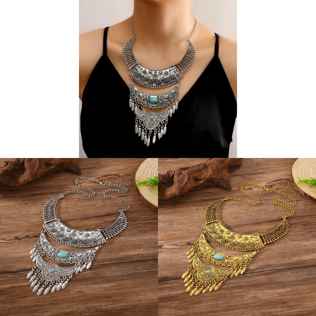 Bohemian Layered Zinc Alloy Leaf Pendant Necklace With Tassels For Vintage Style Jewelry
