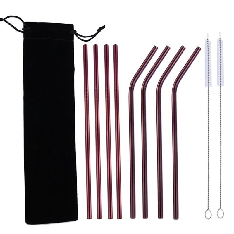 10 Pcs Metal Reusable Stainless Steel Straws Straight Bent Drinking Straw with Case Cleaning Brush Set Party Bar Accessory
