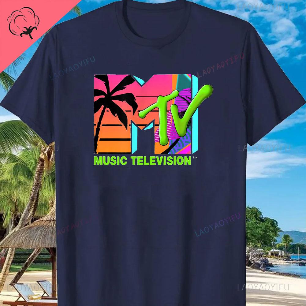 MTV Beach Island Logo Retro Graphic Cotton T-shirt M-T-V Sunset Palm Tree Print Top Unisex Graphic T Shirts