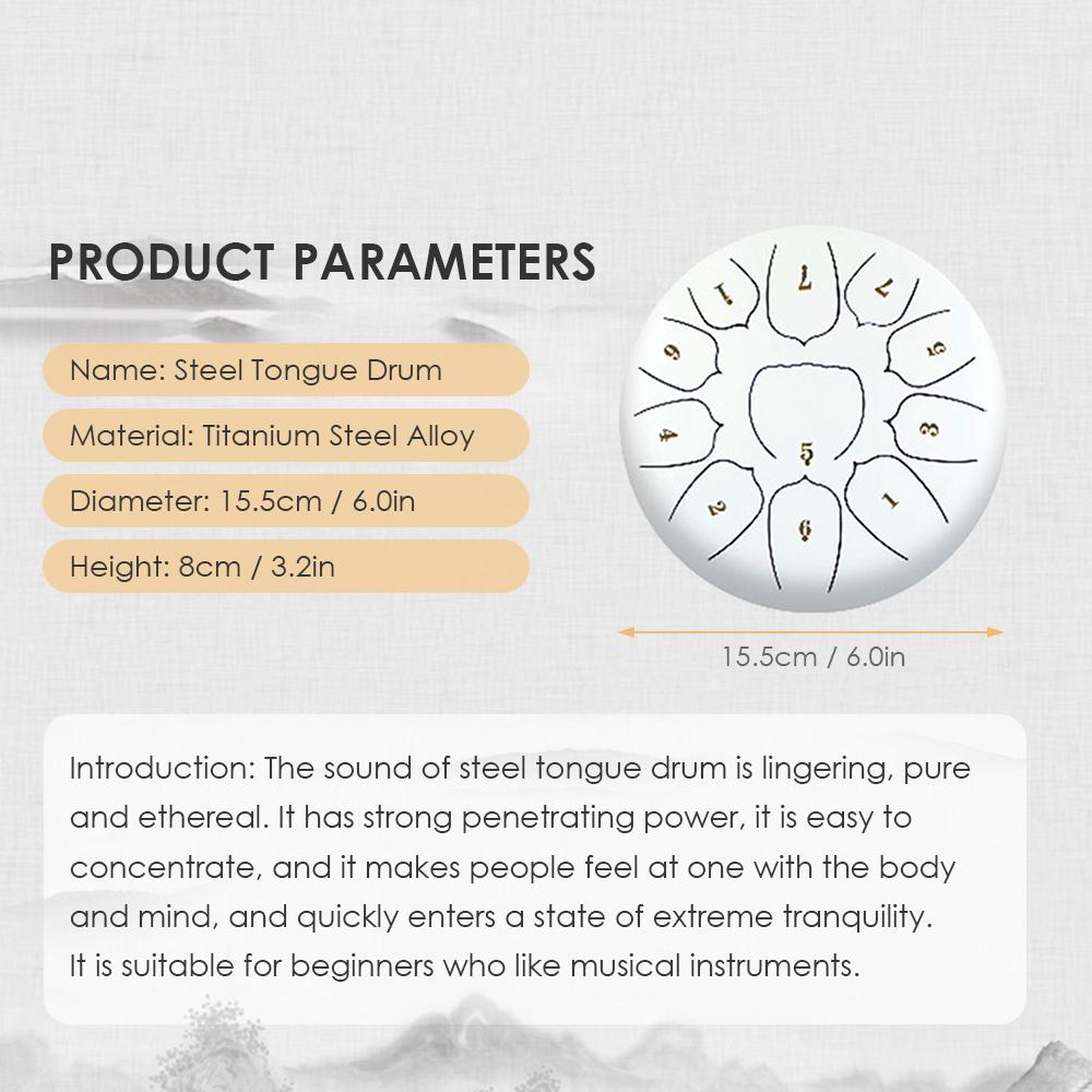 6 Inch Steel Tongue Drum 11 Notes Handpan Drum with Drum Mallet Finger Picks Percussion for