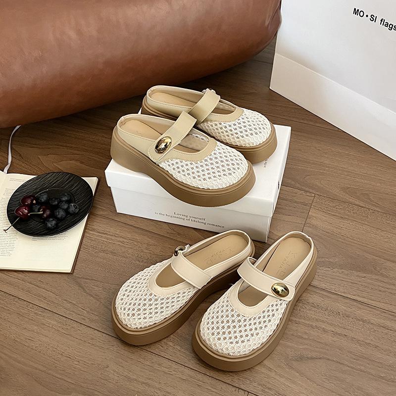 Hollow fishing net crocheted word belt Mary Jane single shoes women's summer 2025 new round head flat ballet shoes