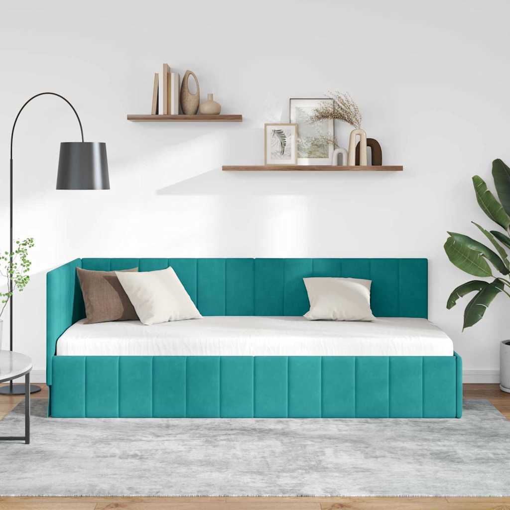 L shaped bed frame with headboard turquoise 80 cm x 200 cm velvet