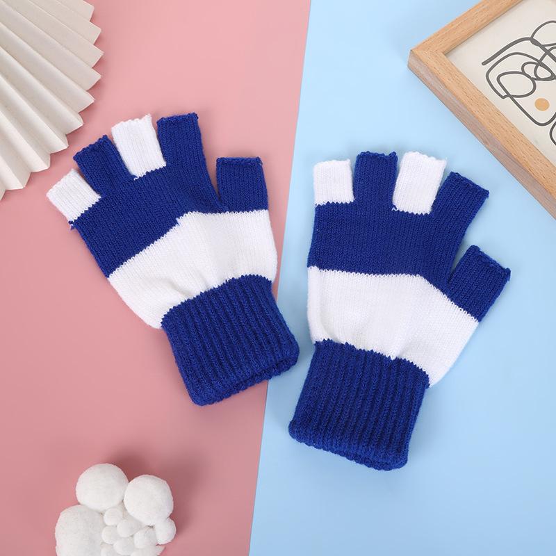 Students Winter Finger Knitted Gloves Outdoor Cycling Games Half Finger Gloves Color Matching Warm Wool Gloves
