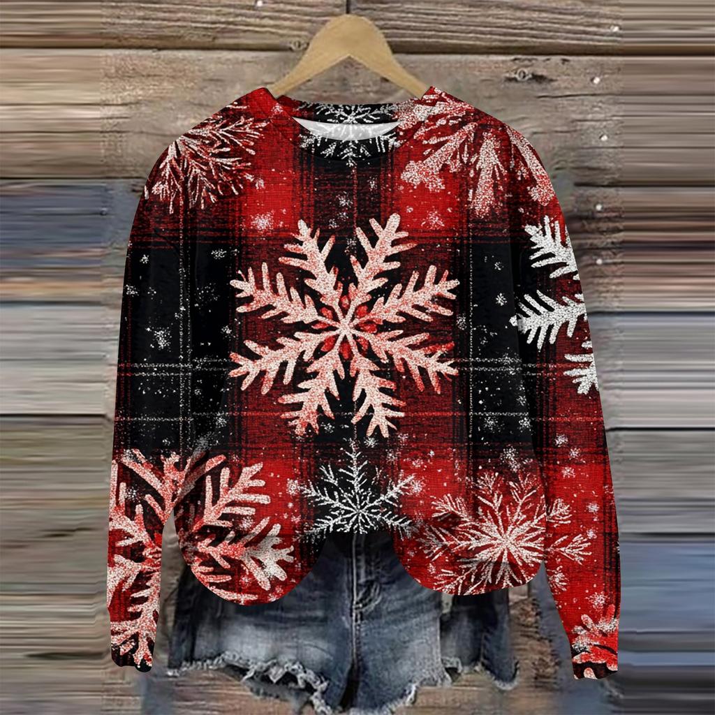 Женская мода круглый вырез пуловер длинный рукав футболка рождественский принт топ