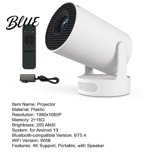 Портативный светодиодный мини-проектор с поддержкой Bluetooth 5.4 и WiFi 6, поддержка 4K, 200 ANSI люмен, вращение на 210 градусов, 5-ваттный динамик, домашний кинотеатр, фильм