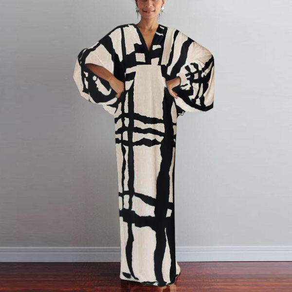 Женское ретро-платье с V-образным вырезом и рукавами средней длины с принтом - большой размер