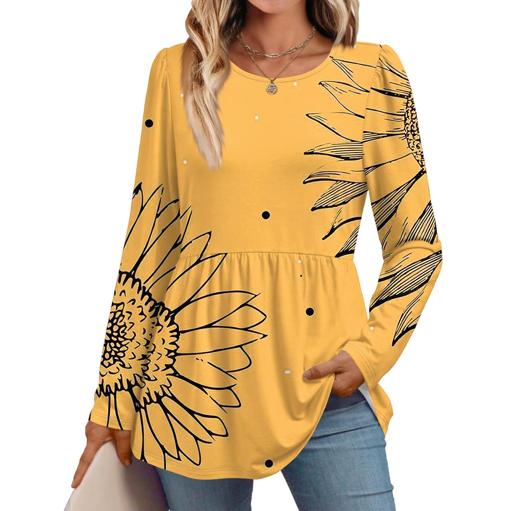 Women's Casual Fashion Long Sleeve Shirt Floral Printed Tunic Top