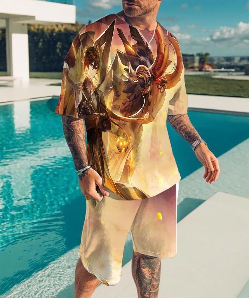 European and American cross-border new animation 3D digital original god printing men's T-shirt shorts set wholesale, short-sleeved set