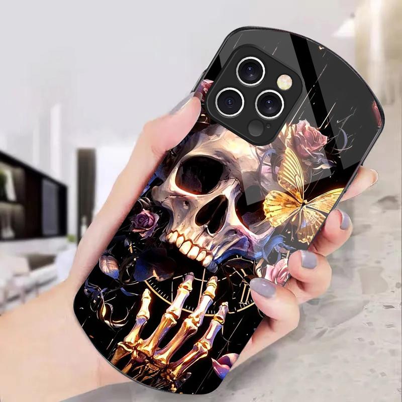 Цветок Череп Скелета Для IPhone 16 Pro Max 11 12 Mini 13 14 P Lus 15 Plus 7 8 Se 2020 X Xs Эллиптический Закаленный Стеклянный Чехол Для Телефона
