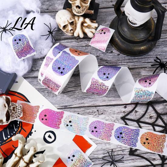 Party Favor Labels Halloween Glitter Ghost Stickers Roll, Self-adhesive Decorative Labels, Colorful Paper for Crafts Sparkly Decals DIY Crafting