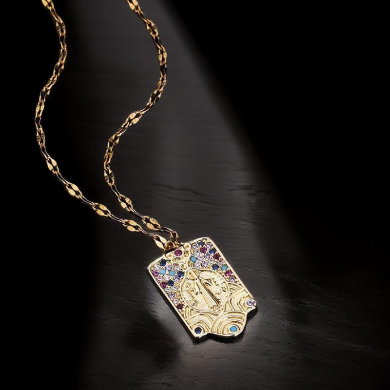 Vintage Titanium Steel Sacred Religious Accessories Necklace Women'S Micro Inlaid Colored Zircon Pendant Jewelry